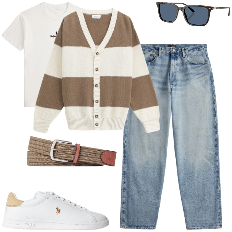 Outfit uomo - City. Stile Casual per Tutti i giorni. Abbinamento con cardigans, cinture, sneakers, occhiali da sole, t-shirt, jeans.