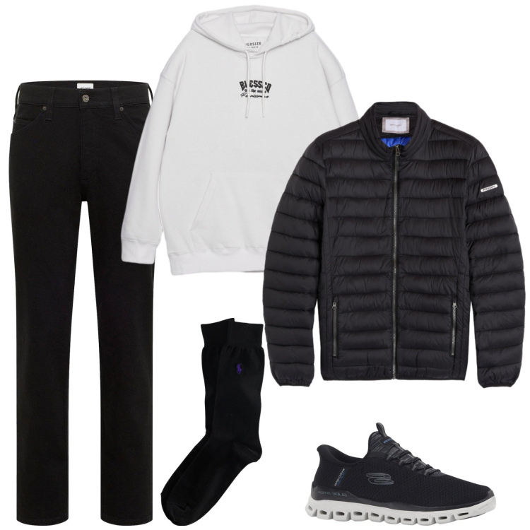 Outfit uomo - Black denim. Stile Casual per Tutti i giorni. Abbinamento con sneakers, jeans dritti, felpe con cappuccio, piumini, calzini.