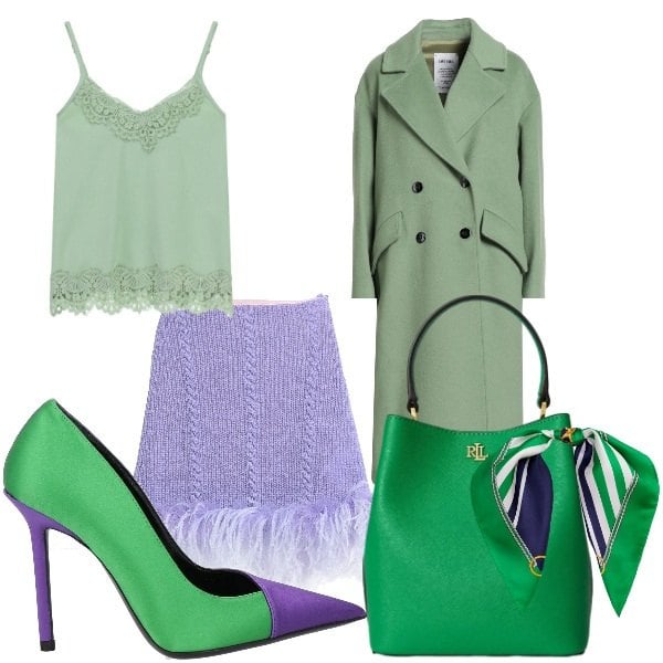 Outfit donna - Viola e verde. Stile Glamour per Tutti i giorni. Abbinamento con décolleté, cappotti, minigonne, borse a secchiello, foulard, top.