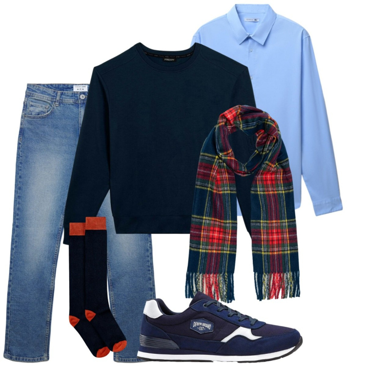 Outfit uomo - Man. Stile Casual per Tutti i giorni. Abbinamento con sneakers, jeans dritti, camicie, felpe, calzini, sciarpe.