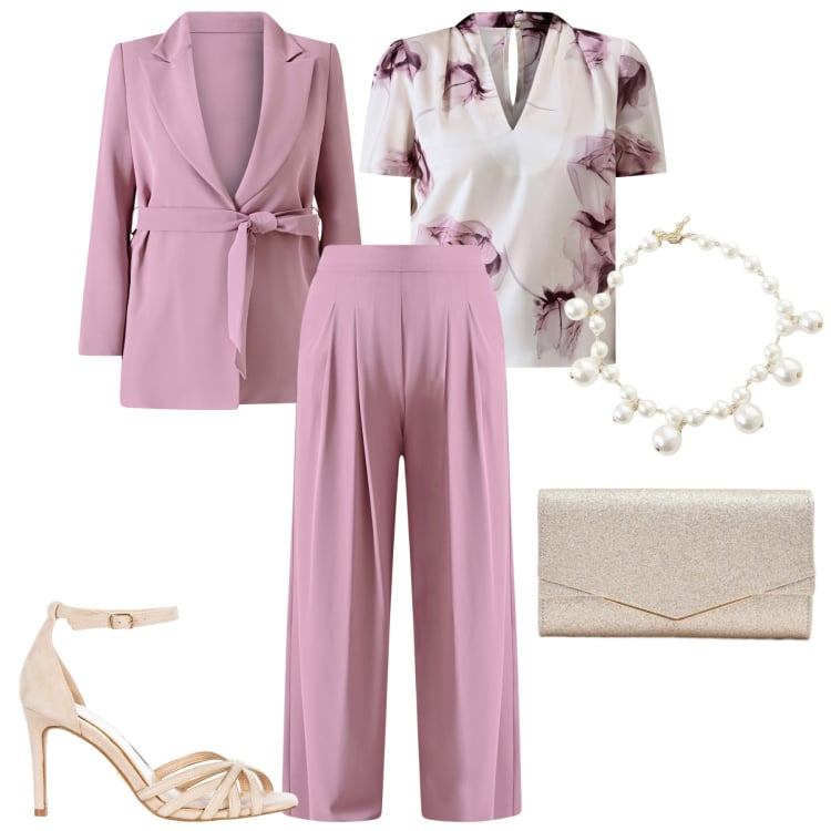 Outfit donna - Sopra la 50. Stile Chic per Cerimonia. Abbinamento con clutch, pantaloni a palazzo, bluse, blazer, sandali col tacco, collane.