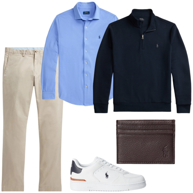 Outfit uomo - Aperitivo post lavoro. Stile Casual per Tutti i giorni. Abbinamento con pantaloni, sneakers, portafogli, pullovers, camicie.