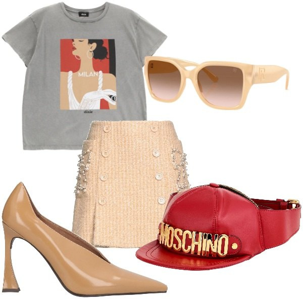 Outfit donna - i love fashion. Stile Glamour per Tutti i giorni. Abbinamento con minigonne, décolleté, marsupi, occhiali da sole, t-shirt.