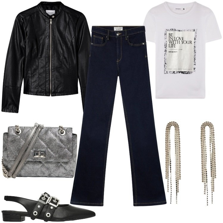 Outfit donna - Aperitivo con le Amiche. Stile Basic per Serata fuori. Abbinamento con giacche, jeans a zampa, orecchini, t-shirt, borse a tracolla, ballerine.
