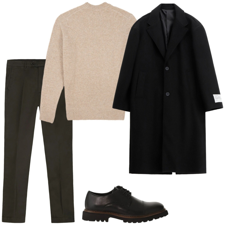 Outfit uomo - Un caldo cappotto. Stile Casual per Tutti i giorni. Abbinamento con cappotti, scarpe stringate, maglieria, pantaloni chino.