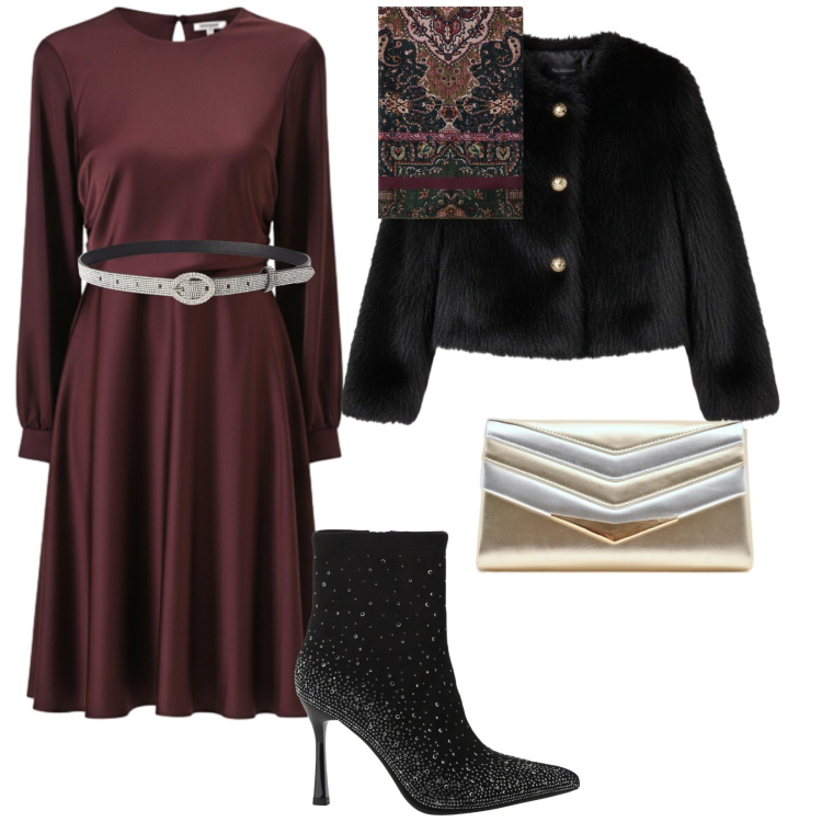 Outfit donna - Accessori luminosi. per Serata fuori. Abbinamento con stivaletti, cinture, foulard, pochette, vestiti midi/longuette, ecopellicce.