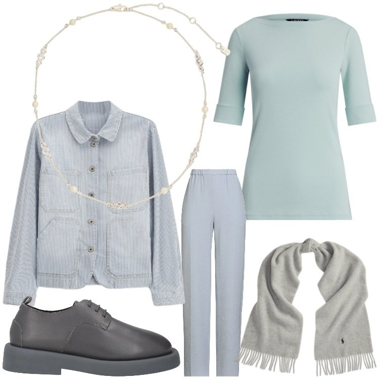 Outfit donna - Grigio soft. Stile Mannish per Ufficio. Abbinamento con pantaloni, scarpe stringate, blazer, sciarpe, t-shirt, collane.