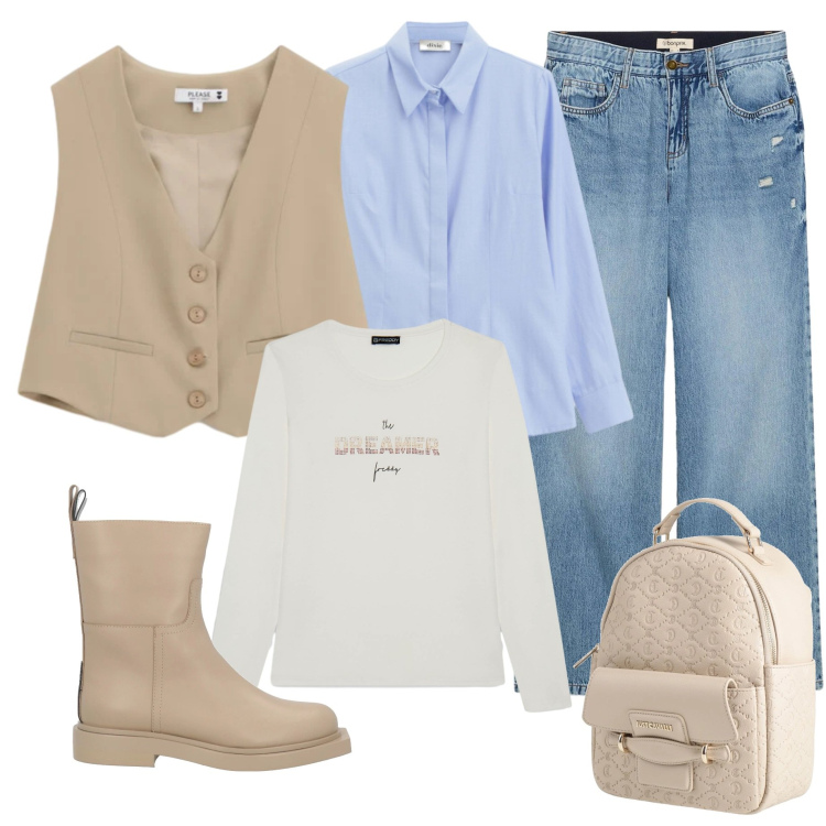 Outfit donna - Outfit primaverile in città. Stile Casual per Tutti i giorni. Abbinamento con stivaletti, zaini, jeans, camicie, t-shirt, gilet.