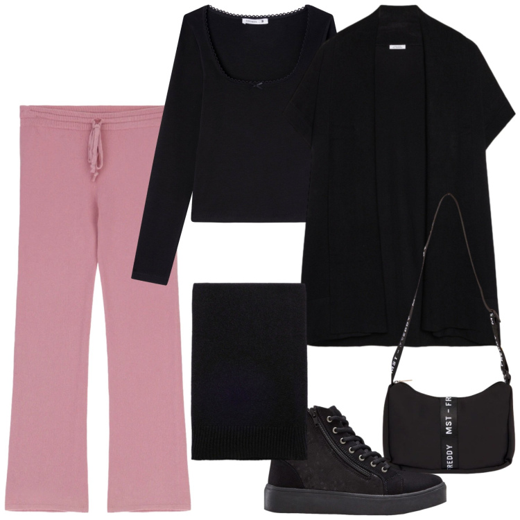 Outfit donna - Curvy style. Stile Casual chic per Tutti i giorni. Abbinamento con sneakers alte, t-shirt, pantaloni a palazzo, cardigans, sciarpe, borse a tracolla.