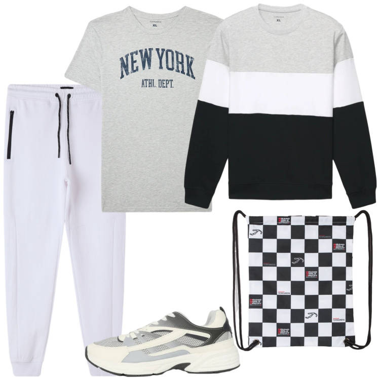 Outfit uomo - Sport con terranova. Stile Casual per Sport. Abbinamento con borse sportive, t-shirt, sneakers, pantaloni, felpe.