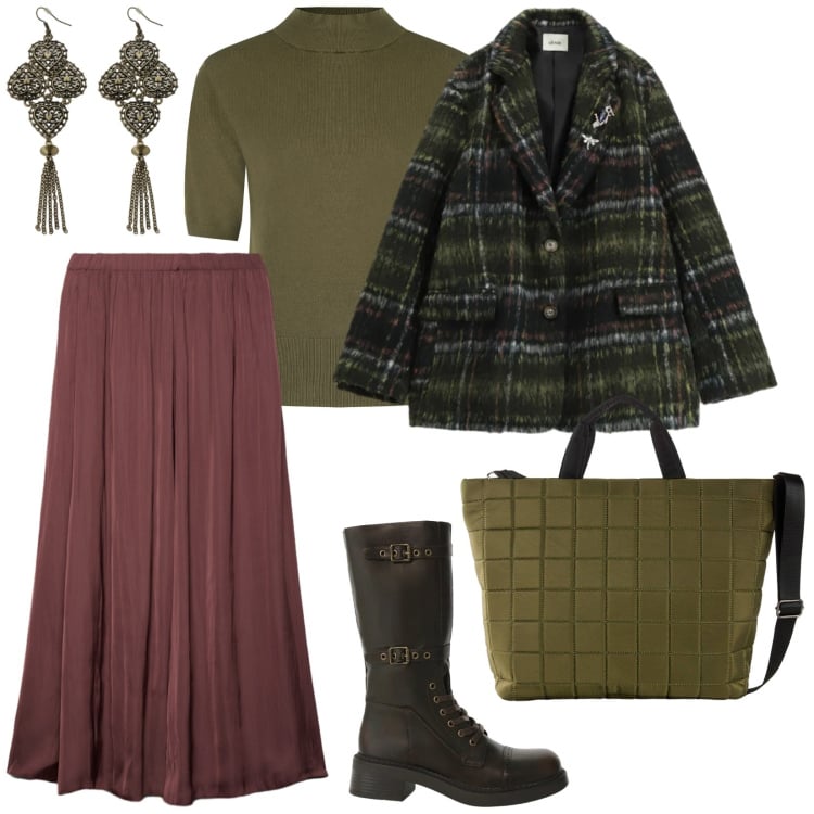 Outfit donna - La giacca a quadri. per Tutti i giorni. Abbinamento con shopping bag, gonne longuette, pullovers, stivali, blazer, orecchini.