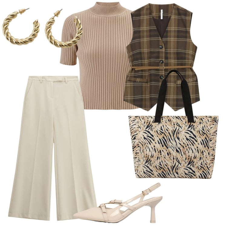 Outfit donna - Riunione di lavoro. per Ufficio. Abbinamento con décolleté, gilet, pantaloni, orecchini, shopping bag, pullovers.