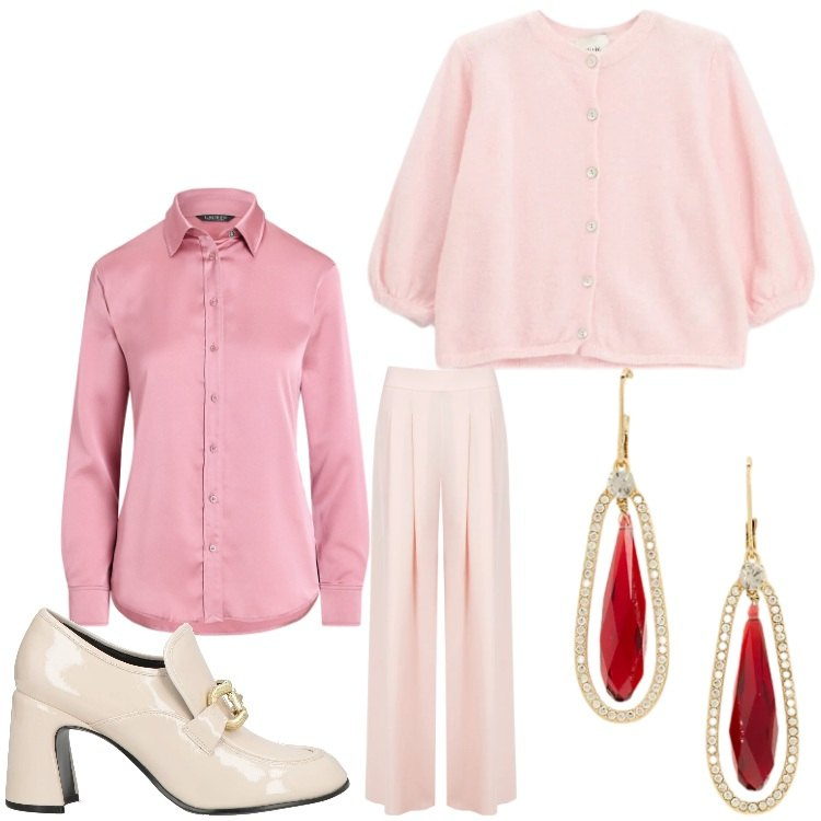 Outfit donna - Fiori di pesco. Stile Chic per Ufficio. Abbinamento con mocassini, cardigans, pantaloni a palazzo, orecchini, camicie.