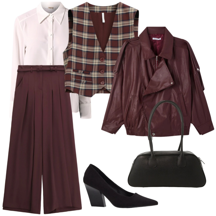 Outfit donna - Con amici. per Serata fuori. Abbinamento con décolleté, giacche, gilet, pantaloni a palazzo, borse a mano, camicie.