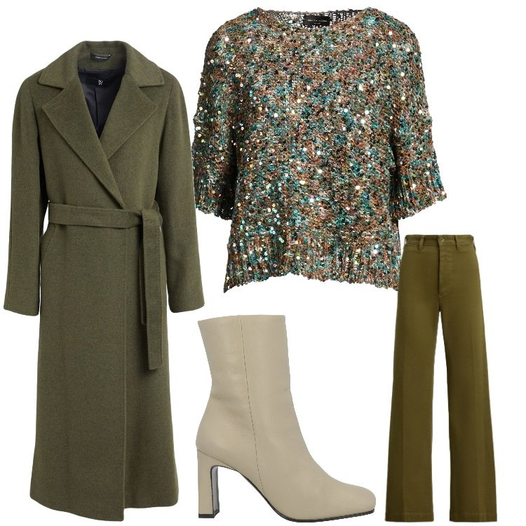 Outfit donna - Verde e luce. Stile Chic per Serata fuori. Abbinamento con pullovers, stivaletti, cappotti, pantaloni.