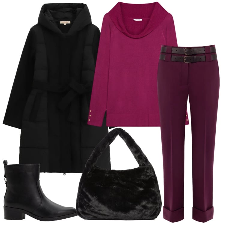 Outfit donna - Curvy style. Stile Urban per Ufficio. Abbinamento con stivaletti, maglieria, borse a spalla, cappotti, pantaloni.