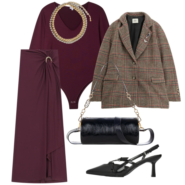 Outfit donna - Body sotto la giacca. per Serata fuori. Abbinamento con collane, body, décolleté, borse a mano, gonne lunghe, blazer.