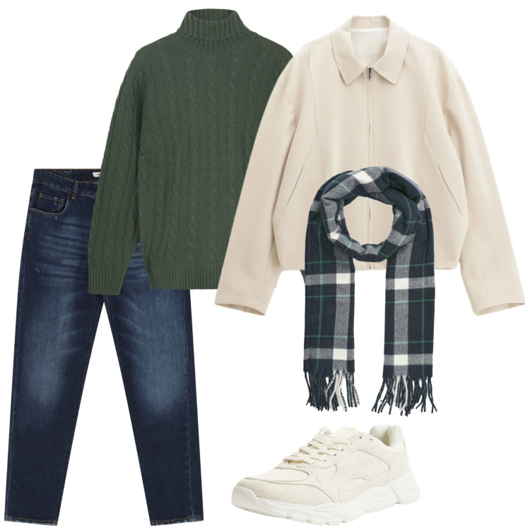 Outfit uomo - Il pull verde scuro. Stile Casual per Tutti i giorni. Abbinamento con sneakers, sciarpe, cappotti, jeans dritti, maglieria.