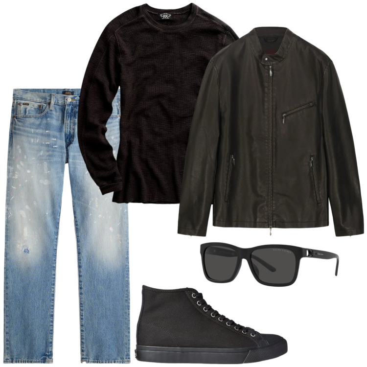 Outfit uomo - Self confidence. Stile Trendy per Tutti i giorni. Abbinamento con sneakers, maglieria, jeans dritti, occhiali da sole, giacche.