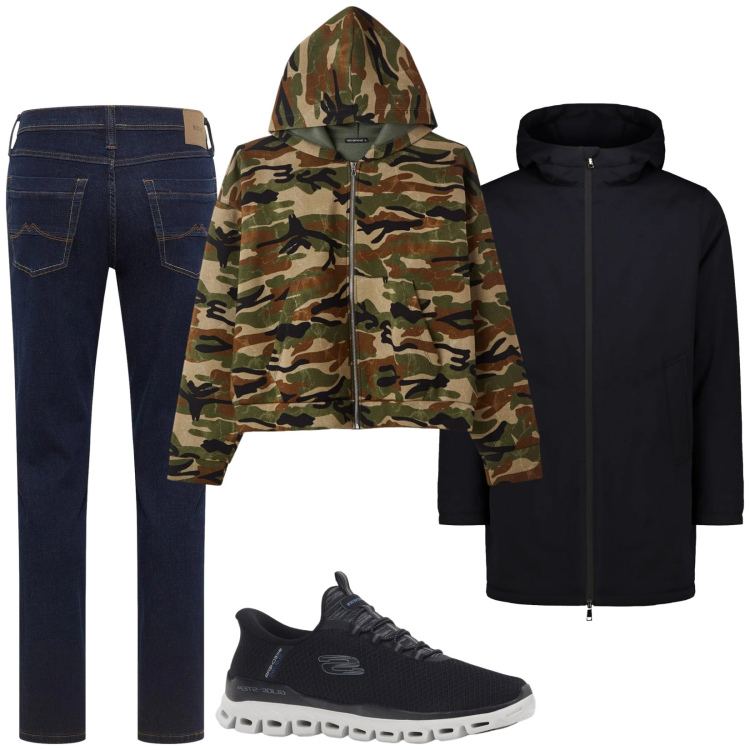 Outfit uomo - Felpa mimetica. Stile Casual per Tutti i giorni. Abbinamento con sneakers, jeans dritti, felpe con cappuccio, parka.
