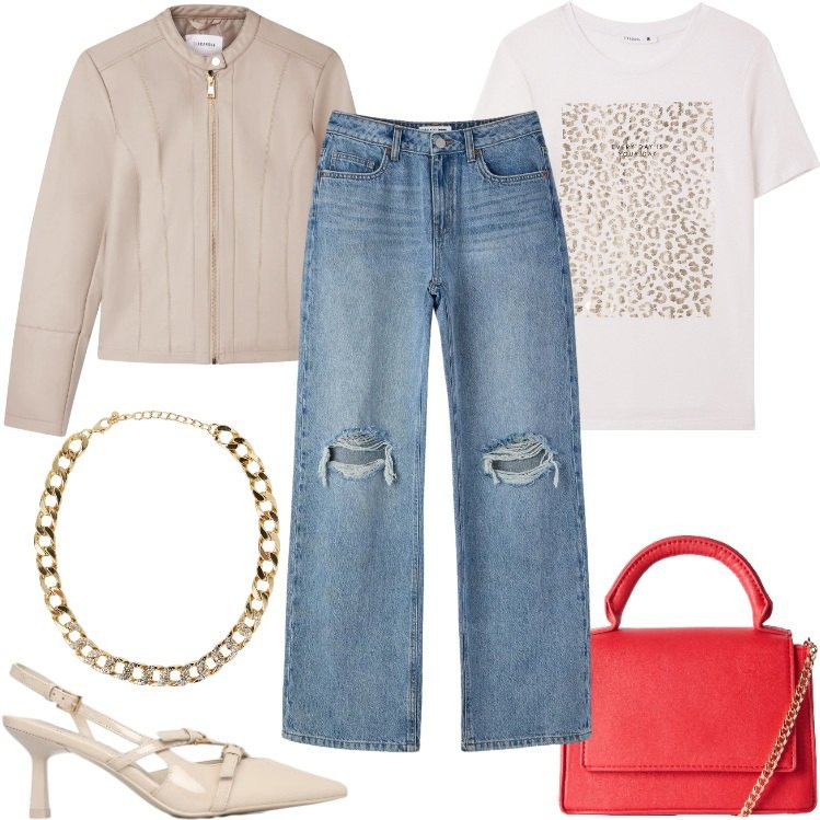 Outfit donna - Aperitivo con le Amiche. Stile Basic per Serata fuori. Abbinamento con t-shirt, giacche, collane, borse a tracolla, décolleté, jeans strappati.