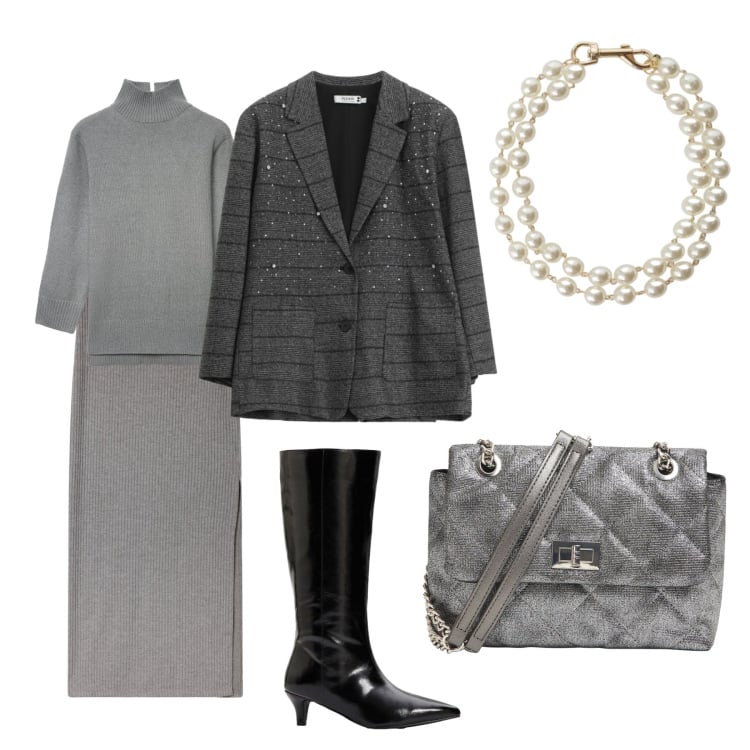 Outfit donna - Completo in maglia. Stile Casual chic per Serata fuori. Abbinamento con stivali, maglieria, borse a tracolla, gonne lunghe, braccialetti, blazer.