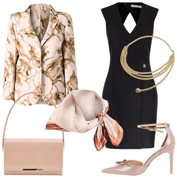Outfit donna - Cut-Out Confidence. Stile Chic per Serata fuori. Abbinamento con pochette, vestiti a tubino, blazer, foulard, décolleté, collane.