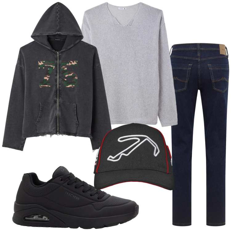 Outfit uomo - Total look #2342613. Stile Casual per Tutti i giorni. Abbinamento con sneakers, jeans dritti, cappelli con visiera, maglieria, felpe con cappuccio.