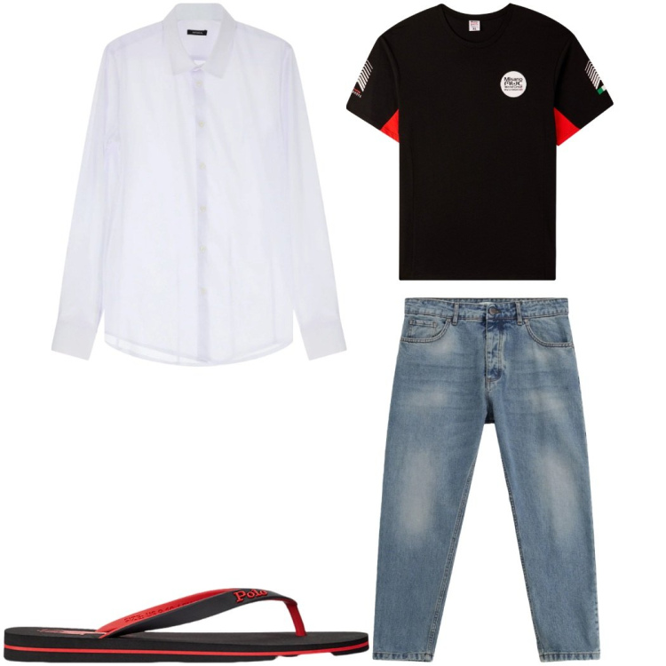 Outfit uomo - Total look #2342615. Stile Trendy per Tutti i giorni. Abbinamento con t-shirt sportive, camicie, jeans, sandali.