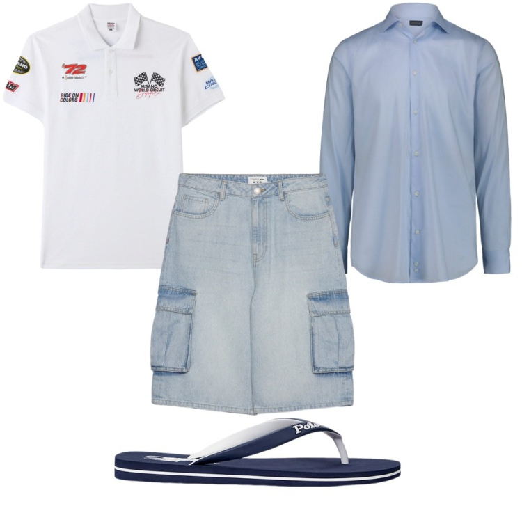 Outfit uomo - Total look #2342616. Stile Trendy per Tutti i giorni. Abbinamento con polo, pantaloni corti, sandali, camicie.