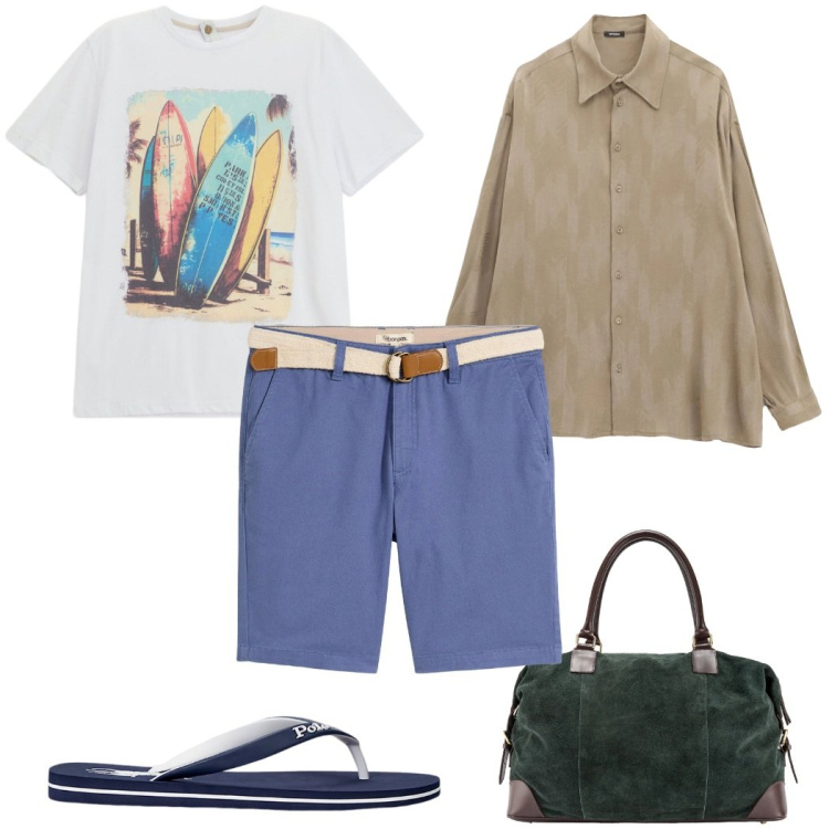 Outfit uomo - Total look #2342617. Stile Trendy per Tutti i giorni. Abbinamento con bermuda, camicie, t-shirt, sandali, borse sportive.