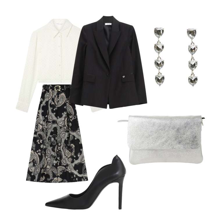 Outfit donna - La gonna lunga. Stile Chic per Serata fuori. Abbinamento con camicie, orecchini, gonne lunghe, décolleté, borse a spalla, blazer.