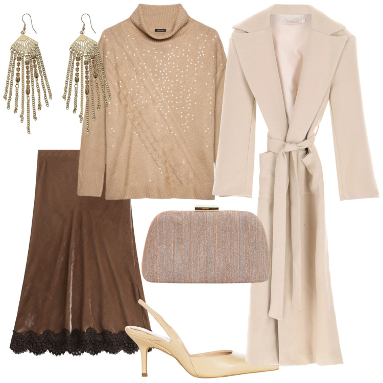 Outfit donna - Una serata tra amiche. per Serata fuori. Abbinamento con maglieria, gonne lunghe, orecchini, cappotti, pochette, décolleté.