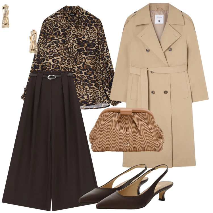 Outfit donna - Di giorno. per Scuola/Università. Abbinamento con trench, pantaloni a palazzo, camicie, décolleté, pochette, orecchini.