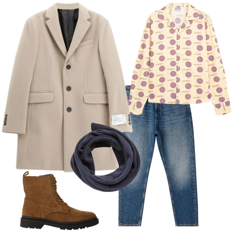 Outfit uomo - Cappotto chiaro. Stile Trendy per Tutti i giorni. Abbinamento con sciarpe, camicie, jeans, cappotti, anfibi.