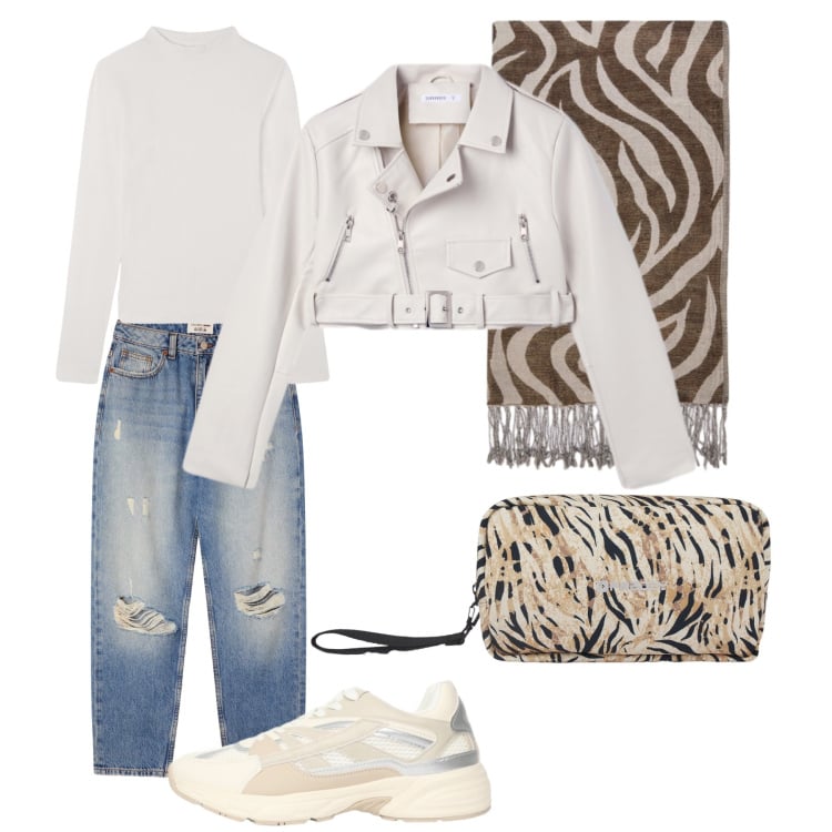 Outfit donna - Total look #2342627. Stile Urban per Tutti i giorni. Abbinamento con foulard, t-shirt, sneakers, jeans mom, giacche, valigie.