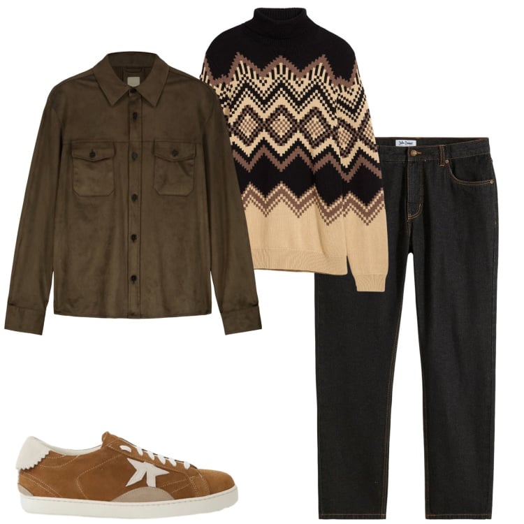 Outfit uomo - City. Stile Urban per Tutti i giorni. Abbinamento con maglieria, jeans dritti, sneakers, giacche.