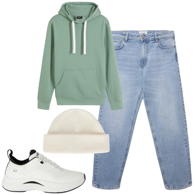 Outfit uomo - Febbraio. Stile Casual per Tutti i giorni. Abbinamento con felpe con cappuccio, jeans, sneakers, berretti.