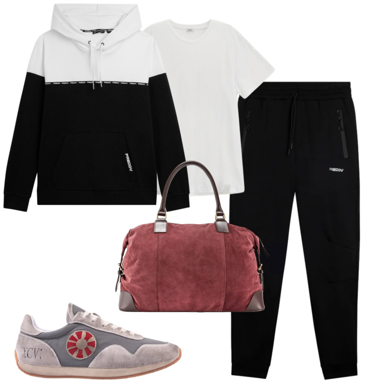 Outfit uomo - Freddy. Stile Casual per Tutti i giorni. Abbinamento con t-shirt, pantaloni, felpe con cappuccio, borse sportive, sneakers.