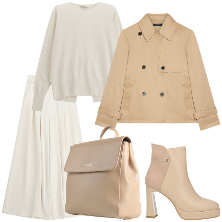 Outfit donna - Total look #2342643. Stile Minimal per Tutti i giorni. Abbinamento con stivaletti, zaini, pantaloni a palazzo, trench, maglieria.