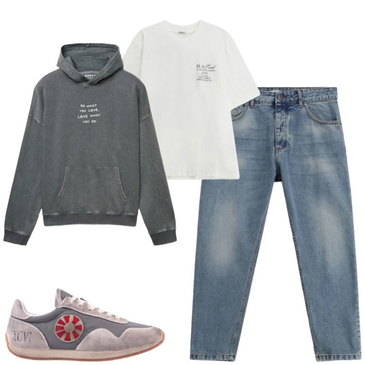 Outfit uomo - Total look #2342647. Stile Casual per Tutti i giorni. Abbinamento con jeans, t-shirt, felpe con cappuccio, sneakers.