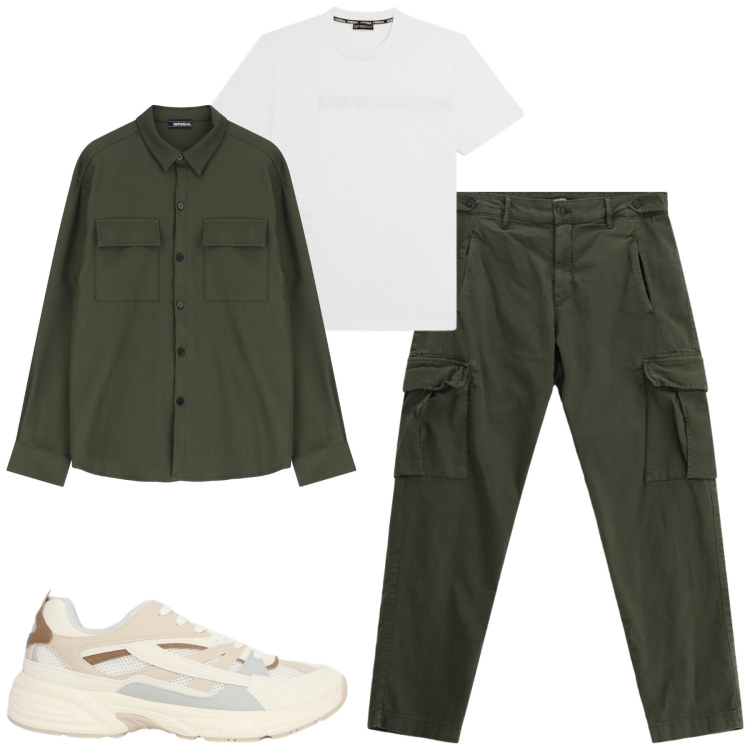 Outfit uomo - Total look #2342648. Stile Casual per Tutti i giorni. Abbinamento con sneakers, camicie, pantaloni cargo, t-shirt.