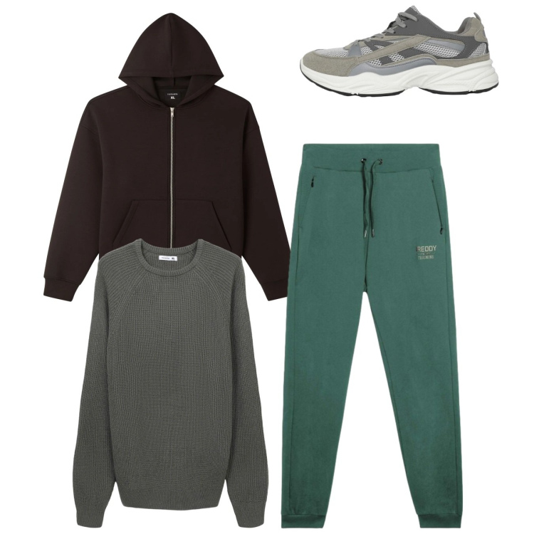 Outfit uomo - City. Stile Casual per Tutti i giorni. Abbinamento con sneakers, felpe con cappuccio, maglieria, pantaloni.
