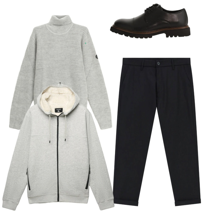 Outfit uomo - City. Stile Casual per Tutti i giorni. Abbinamento con felpe con cappuccio, pantaloni, maglieria, scarpe stringate.