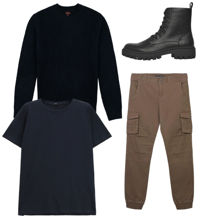 Outfit uomo - City. Stile Casual per Tutti i giorni. Abbinamento con anfibi, pantaloni cargo, t-shirt, maglieria.