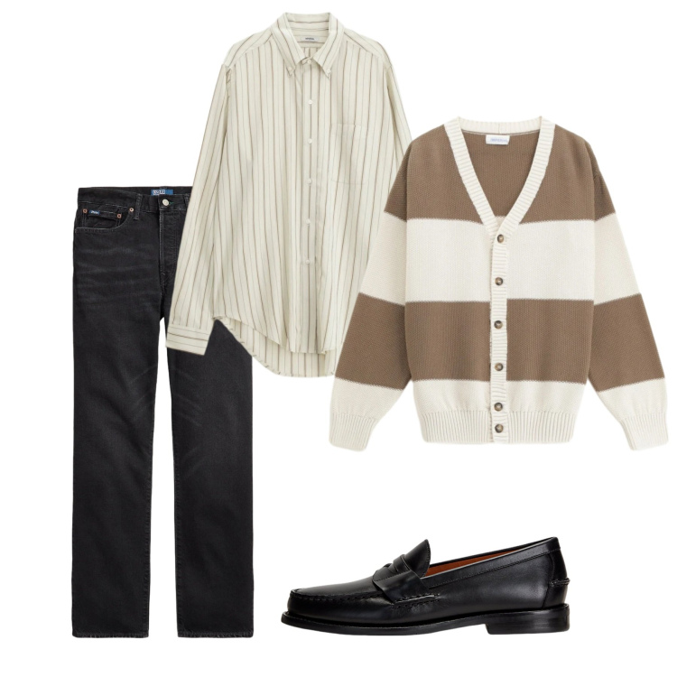 Outfit uomo - Febbraio. Stile Casual per Tutti i giorni. Abbinamento con cardigans, camicie, scarpe stringate, jeans dritti.