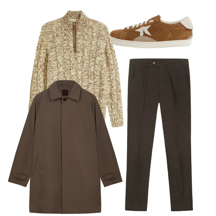 Outfit uomo - City. Stile Casual per Tutti i giorni. Abbinamento con maglieria, sneakers, pantaloni chino, trench.