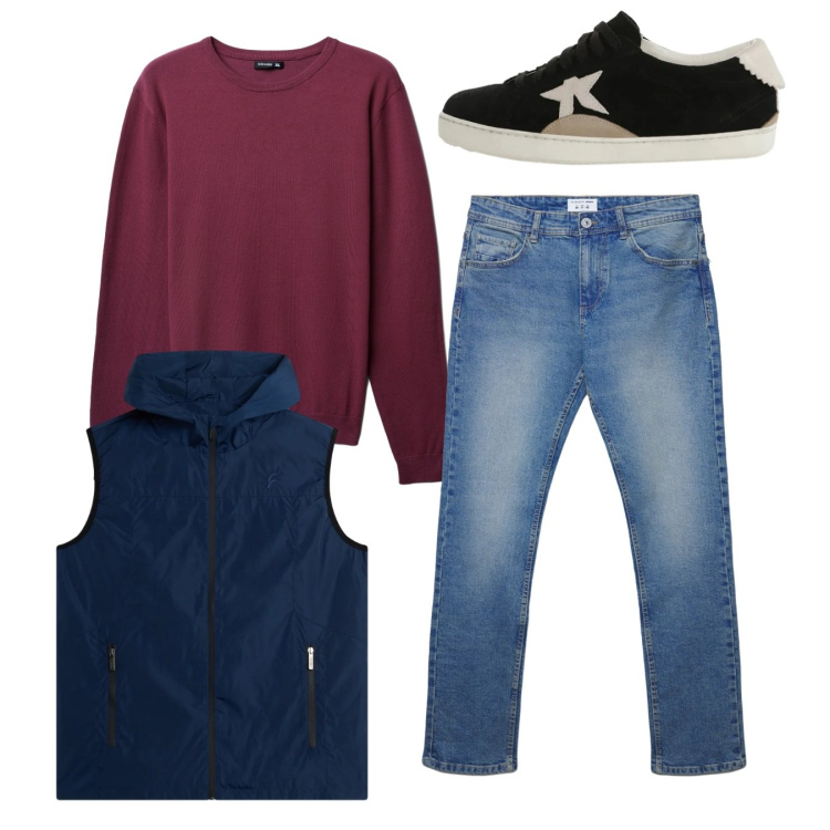 Outfit uomo - City. Stile Casual per Tutti i giorni. Abbinamento con sneakers, jeans dritti, maglieria, piumini.