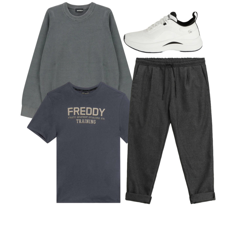 Outfit uomo - City. Stile Casual per Tutti i giorni. Abbinamento con pantaloni, pullovers, sneakers, t-shirt.