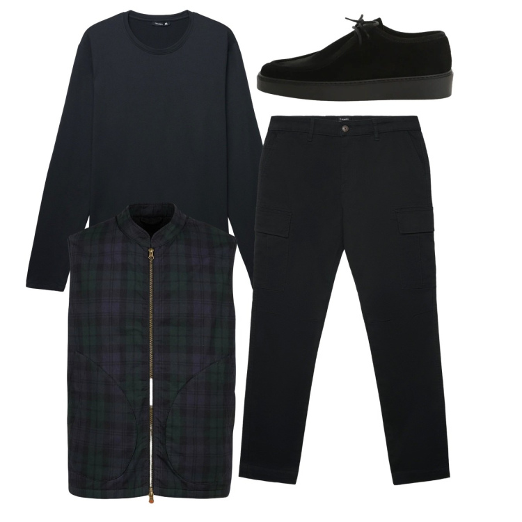 Outfit uomo - City. Stile Casual per Tutti i giorni. Abbinamento con scarpe stringate, t-shirt, pantaloni cargo, piumini.